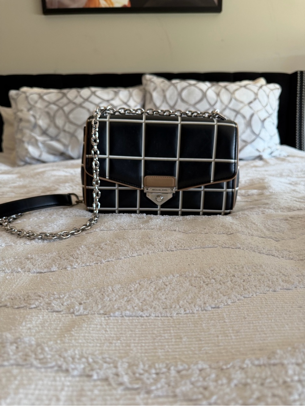 Michael Kors Black Quilted Grid Crossbody with Silver Chain